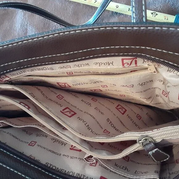 STONE MOUNTAIN Pebbled Faux Leather Tote /Purse Black- Brown Large, 11” x 18” - Picture 6 of 11